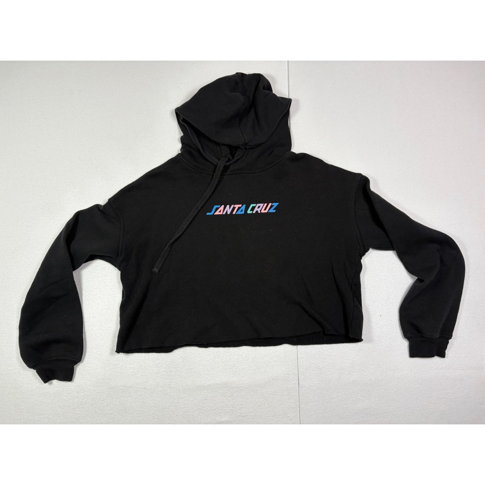 Santa Cruz Womens Black Cropped Graphic Logo Hoodie Sweatshirt Size M Raw Hem